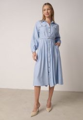 Niebieska Wiskozowa Sukienka Koszulowa z Paskiem Andranassa. Niebieskie sukienki damskie Born2be, na co dzień, l, bez wzorów, ze skóry, eleganckie, bez kołnierzyka, bez ramiączek, midi, koszulowe. Za 149.99 zł.