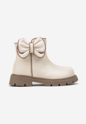 Beżowe Eleganckie Botki z Ozdobną Kokardą Temindria. Brązowe botki dziewczęce Born2be, bez wzorów, z jeansu, bez ramiączek. Za 39.99 zł.