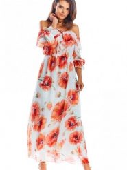 Sukienka Model A311 Red Flowers - awama. Czerwone sukienki damskie Awama, xxl, z aplikacjami, z elastanu, bez kołnierzyka, bez ramiączek, maxi. Za 396.72 zł.