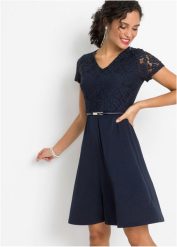 Sukienka mini z koronką i paskiem. Niebieskie sukienki damskie bonprix, bez wzorów, z koronki, eleganckie, bez kołnierzyka, bez ramiączek, mini. Za 144.99 zł.