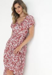 Czerwona Bawełniana Sukienka w Kwiatki z Gumką w Talii i Guzikami Ronalika. Czerwone sukienki damskie Born2be, na co dzień, l, z aplikacjami, z bawełny, eleganckie, bez kołnierzyka, bez ramiączek, midi, rozkloszowane. W wyprzedaży za 47.99 zł.