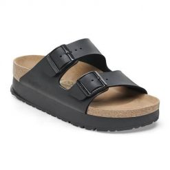 Klapki damskie Birkenstock Arizona Pap Flex Platform. Czarne klapki damskie Birkenstock, bez wzorów, z materiału, bez obcasa. Za 483.00 zł.