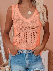 Milan Kiss Top dzianinowy w kolorze brzoskwiniowym rozmiar: XL. Pomarańczowe topy damskie Milan Kiss, xl, bez wzorów, z dzianiny, bez kołnierzyka. Za 48.16 zł.