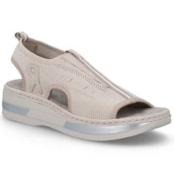 Sandały damskie na platformie wsuwane różowe Rieker V59B5-31. Czerwone sandały damskie Rieker, bez wzorów, z tkaniny, bez obcasa, na platformie. Za 319.00 zł.