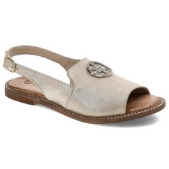 Złote Sandały Armodo Eleganckie Obuwie Damskie. Żółte sandały damskie Armodo, z aplikacjami, ze skóry, bez obcasa. Za 289.00 zł.