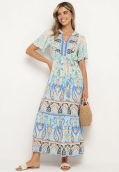 Niebieska Wiskozowa Sukienka Boho Zapinana na Guziki z Materiałowym Paskiem w Talii Dimovana. Niebieskie sukienki damskie Born2be, na co dzień, l, z aplikacjami, z materiału, boho, bez kołnierzyka, bez ramiączek, maxi, proste. W wyprzedaży za 95.99 zł.