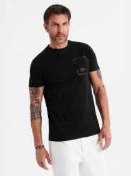Bawełniany męski t-shirt z nadrukiem na kieszonce – czarny V1 OM-TSPT-0154 - XXL. Czarne t-shirty męskie Ombre Clothing, l, bez wzorów, z bawełny, bez kołnierzyka. Za 89.99 zł.