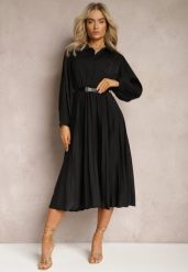 Czarna Rozkloszowana Sukienka Midi z Guzikami i Paskiem Ozdobiona Plisowaniem Lathori. Czarne sukienki damskie Renee, l, bez wzorów, bez kołnierzyka, bez ramiączek, midi, rozkloszowane. Za 129.99 zł.