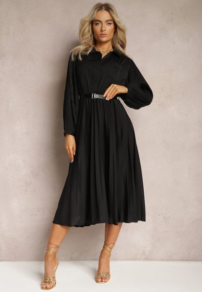 Czarna Rozkloszowana Sukienka Midi z Guzikami i Paskiem Ozdobiona Plisowaniem Lathori. Czarne sukienki damskie Renee, l, bez wzorów, bez kołnierzyka, bez ramiączek, midi, rozkloszowane. Za 129.99 zł.