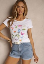 Biały T-shirt z Bawełny Zdobiony Nadrukiem Zarinel. Czerwone t-shirty damskie Renee, l, z aplikacjami, z bawełny, bez kołnierzyka. Za 29.99 zł.