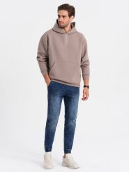 Spodnie męskie marmurkowe jeansowe JOGGERY - ciemnoniebieskie V1 OM-PADJ-0133 - XXL. Niebieskie spodnie materiałowe męskie Ombre Clothing, bez wzorów, z bawełny. W wyprzedaży za 69.99 zł.