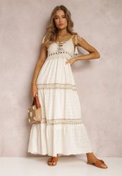 Jasnobeżowa Sukienka Ianina. Brązowe sukienki damskie Renee, m, bez wzorów, z bawełny, eleganckie, bez kołnierzyka, bez ramiączek, maxi, rozkloszowane. W wyprzedaży za 160.99 zł.