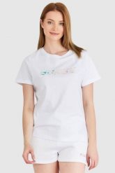 GUESS Biały t-shirt damski bawełniany z kolorowym logo, Rozmiar M. Białe t-shirty damskie Guess, m, z aplikacjami, z bawełny, bez kołnierzyka. W wyprzedaży za 129.99 zł.