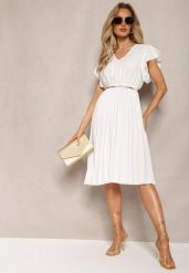 Biała Rozkloszowana Sukienka Midi z Plisami na Dole Nairata. Białe sukienki damskie Renee, l, bez wzorów, bez kołnierzyka, bez ramiączek, midi, plisowane. Za 59.99 zł.