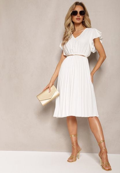 Biała Rozkloszowana Sukienka Midi z Plisami na Dole Nairata. Białe sukienki damskie Renee, l, bez wzorów, bez kołnierzyka, bez ramiączek, midi, plisowane. Za 59.99 zł.