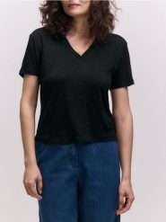 Lniany t-shirt - czarny. Czarne t-shirty damskie Reserved, l, bez wzorów, ze lnu, bez kołnierzyka. Za 139.99 zł.