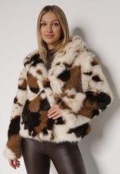 Brązowo-Beżowa Kurtka Futerko o Dwurzędowym Kroju Oversize Nevisa. Brązowe kurtki damskie Born2be, l, bez wzorów, z futra. Za 229.99 zł.