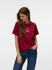 Vero Moda Koszulka w kolorze bordowym rozmiar: S. Czerwone bluzki damskie Vero Moda, s, bez wzorów, z bawełny, bez kołnierzyka, bez ramiączek. Za 58.14 zł.