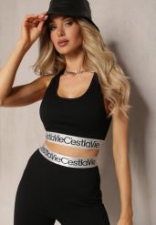 Czarny Top Sportowy Biustonosz Elastyczny Prążkowany z Ozdobną Gumą Waslema. Czarne biustonosze sportowe damskie Renee, bez wzorów, z gumy, bez ramiączek. Za 34.99 zł.