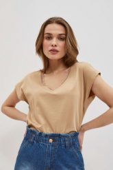 T-shirt z dekoltem w serek ciemnobeżowy. Brązowe t-shirty damskie MOODO, xs, bez wzorów, z bawełny, bez kołnierzyka. W wyprzedaży za 29.99 zł.