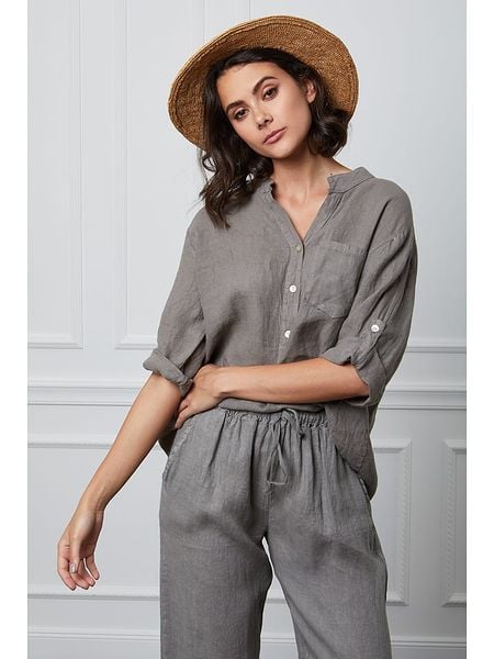 Fleur de Lin Lniana bluzka "Helly" w kolorze szarobrązowym rozmiar: XXL. Brązowe bluzki damskie Fleur de Lin, xxl, bez wzorów, ze lnu, bez kołnierzyka, bez ramiączek. Za 135.49 zł.