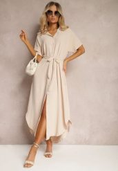 Beżowa Koszulowa Sukienka z Wiskozy z Materiałowym Paskiem w Talii Gialara. Brązowe sukienki damskie Renee, na co dzień, l, bez wzorów, z materiału, eleganckie, bez kołnierzyka, bez ramiączek, maxi, koszulowe. W wyprzedaży za 62.99 zł.