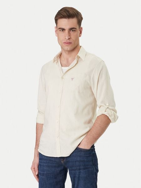 Guess Koszula F6GH06 WG3L0 Beżowy Regular Fit. Brązowe koszule męskie Guess, l, z aplikacjami, z wiskozy, bez kołnierzyka, bez ramiączek. Za 369.99 zł.