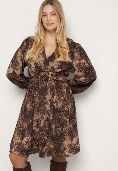 Brązowa Sukienka o Rozkloszowanym Kroju z Bufiastymi Rękawami Salanela. Brązowe sukienki damskie Born2be, na co dzień, na lato, plus size, bez wzorów, eleganckie, bez kołnierzyka, plus size, bez ramiączek, rozkloszowane. Za 149.99 zł.