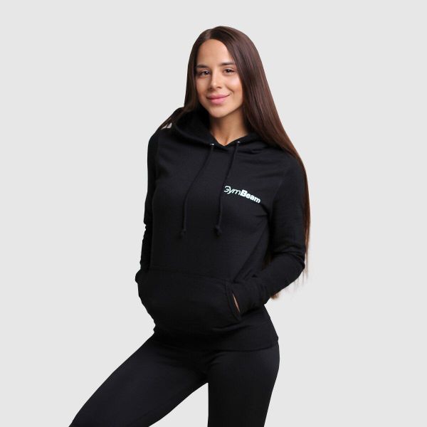 Bluza damska fitness z kapturem czarna PRO. Czarne bluzy sportowe damskie GYMBEAM, xl, bez wzorów, z bawełny, bez ramiączek, długie, z kapturem. Za 88.90 zł.