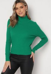 Zielony Prążkowany Golf o Dopasowanym Kroju Ahezza. Zielone golfy damskie Born2be, m, bez wzorów, prążkowane, bez ramiączek. Za 59.99 zł.