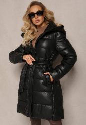 Czarna Wiskozowa Kurtka z Imitacji Skóry z Ozdobnym Pikowaniem z Paskiem i Kapturem Gersja. Czarne kurtki damskie Renee, l, bez wzorów, ze skóry. Za 359.99 zł.