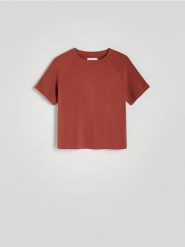 T-shirt regular z dodatkiem modalu - miedziany. Brązowe t-shirty damskie Reserved, l, bez wzorów, z dzianiny, bez kołnierzyka. W wyprzedaży za 45.99 zł.