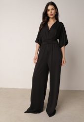 Czarny Elegancki Kombinezon Nietoperzowy z Wiskozą z Marszczeniem w Talii Wentina. Czarne kombinezony damskie Born2be, l, bez wzorów, z tkaniny, eleganckie, bez kołnierzyka, bez ramiączek. Za 179.99 zł.