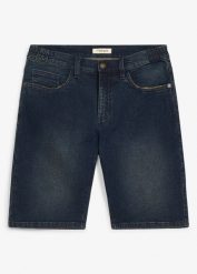 Długie bermudy jeansowe z elastyczną wstawką w pasie, relaxed fit. Niebieskie szorty męskie bonprix, bez wzorów, z jeansu, eleganckie. Za 124.99 zł.