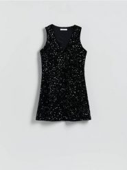 Cekinowa sukienka mini - czarny. Czarne sukienki damskie Reserved, na co dzień, l, bez wzorów, z dzianiny, bez kołnierzyka, bez ramiączek, mini, proste. Za 139.99 zł.