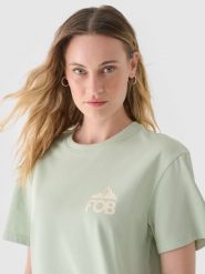 4F T-shirt regular z nadrukiem damski - khaki S. Brązowe t-shirty damskie 4f, s, bez wzorów, z bawełny, bez kołnierzyka. W wyprzedaży za 19.99 zł.