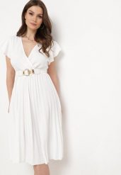 Biała Rozkloszowana Sukienka Midi z Kopertową Górą i Plisowanym Dołem Alissu. Białe sukienki damskie Born2be, l, bez wzorów, eleganckie, bez kołnierzyka, bez ramiączek, midi, kopertowe. W wyprzedaży za 47.99 zł.