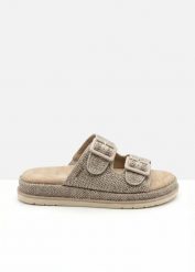 Klapki Tom Tailor na platformie o wyglądzie szydełkowanym. Brązowe klapki damskie bonprix, bez wzorów, bez obcasa, na platformie. Za 229.99 zł.