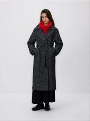 Wiązany płaszcz z wełną - czarny. Czarne płaszcze damskie Reserved, l, bez wzorów, z tkaniny. Za 359.99 zł.