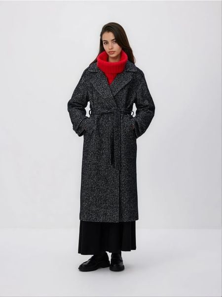 Wiązany płaszcz z wełną - czarny. Czarne płaszcze damskie Reserved, l, bez wzorów, z tkaniny. W wyprzedaży za 189.99 zł.