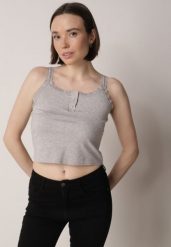 Szary Top z Bawełny Ozdobiony Guzikami i Koronką przy Dekolcie Beralie. Szare topy damskie Born2be, m, bez wzorów, z bawełny, bez kołnierzyka. Za 39.99 zł.