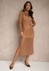 Brązowa Sukienka z Siateczki z Wiskozą Zdobiona Prążkowanym Wzorem Ninorina. Brązowe sukienki damskie Renee, na co dzień, l, z aplikacjami, prążkowane, eleganckie, bez kołnierzyka, bez ramiączek, maxi, dopasowane. Za 139.99 zł.