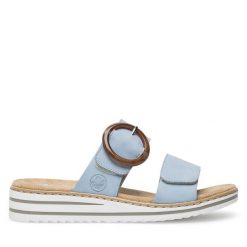 Klapki Rieker. Niebieskie klapki damskie Rieker, bez wzorów, bez obcasa. Za 219.99 zł.