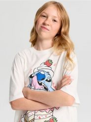 Bawełniana koszulka oversize z nadrukiem Stitch - kremowy. Białe koszulki dziewczęce Sinsay, l, bez wzorów, z bawełny, bez ramiączek. Za 17.99 zł.
