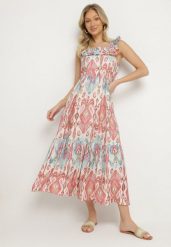 Różowa Rozkloszowana Sukienka z Wiskozą Wiązana na Plecach w Print Boho Turielia. Czerwone sukienki damskie Born2be, na spacer, na lato, l, bez wzorów, z wiskozy, boho, bez kołnierzyka, bez ramiączek, maxi, rozkloszowane. W wyprzedaży za 63.99 zł.