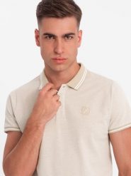 Melanżowa koszulka męska polo z kołnierzykiem w paski – piaskowa V4 OM-POSS-0109 - S. Koszulki polo męskie Ombre Clothing, m, z aplikacjami, z bawełny, bez ramiączek. W wyprzedaży za 39.99 zł.