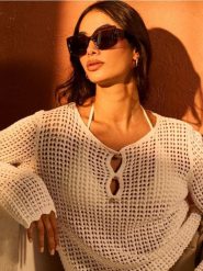 Ażurowy sweter z bawełny - kremowy. Białe swetry klasyczne damskie Sinsay, l, z bawełny, bez kołnierzyka. Za 49.99 zł.