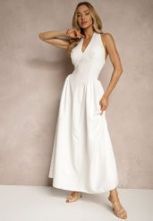 Biała Rozkloszowana Sukienka Halter z Wiązaniem i Odkrytymi Plecami Senicce. Białe sukienki damskie Renee, na imprezę, m, bez wzorów, eleganckie, bez kołnierzyka, bez ramiączek, maxi, rozkloszowane. W wyprzedaży za 104.99 zł.