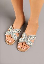 Zielono-Beżowe Klapki z Plecionką w Stylu Boho Felmirella. Zielone klapki damskie Born2be, bez wzorów, z jeansu, bez obcasa, na płaskiej podeszwie. Za 89.99 zł.