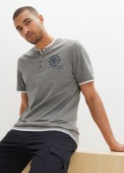 T-shirt z dekoltem Henley, krótki rękaw (2 szt.), z czystej bawełny organicznej. Niebieskie t-shirty męskie bonprix, l, bez wzorów, z bawełny, bez kołnierzyka. Za 129.99 zł.
